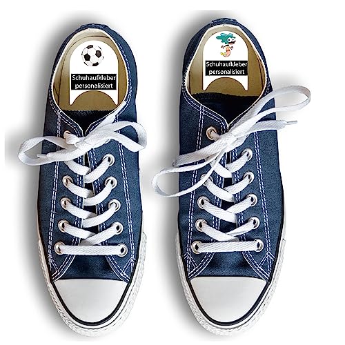 INDIGOS UG® Namensaufkleber für Schuhe ab 6 Stück - weiß - individuell personalisierte Etiketten links rechts - zweifarbige Aufkleber für Schuhe mit Wunschtext - 100 Motive von Indigos