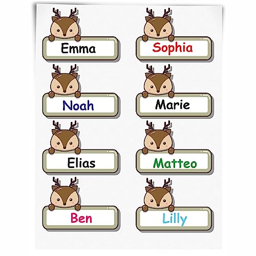 INDIGOS UG - Namensaufkleber Kinde Schule - 48 Sticker - Hirsch - ca. 50x30mm - Niedliche Tierbabys - Cartoon Aufkleber - individuell personalisiert - Kindergarten Stifte, Federmappe, Lineale von Indigos