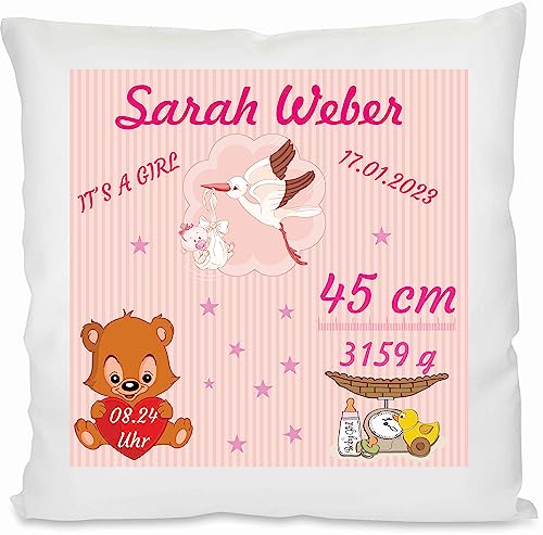 Indigos UG - Kissen Baby - Mädchen mit Storch - zur Taufe oder Geburt - indivdiduell personalisiert selbst gestalten - Name, Gewicht, Größe Datum - Geburtskissen - Babygeschenk Indigos UG - Kissen Baby - Mädchen mit Storch - zur Taufe oder Geburt - indivdiduell personalisiert selbst gestalten - Name, Gewicht, Größe Datum - Geburtskissen - Babygeschenk von Indigos