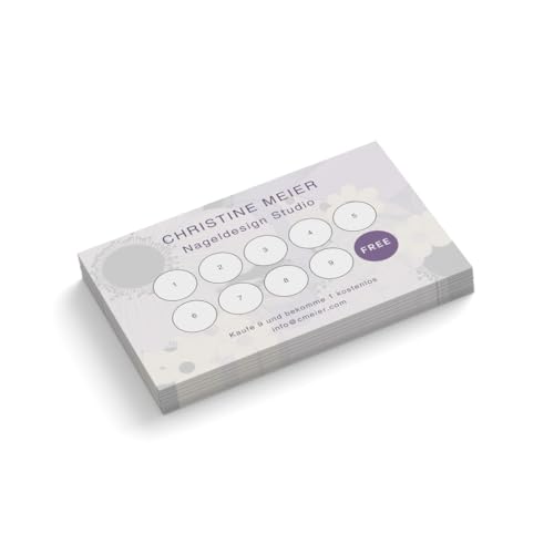 Bonuskarten mit Text personalisieren | Lila Weiß Blumen | 1-seitig | Querformat | Menge zur Auswahl | Treuekarten | Stempelkarten | Nageldesign | Nagel Studio (50 Stück) von Infowerk