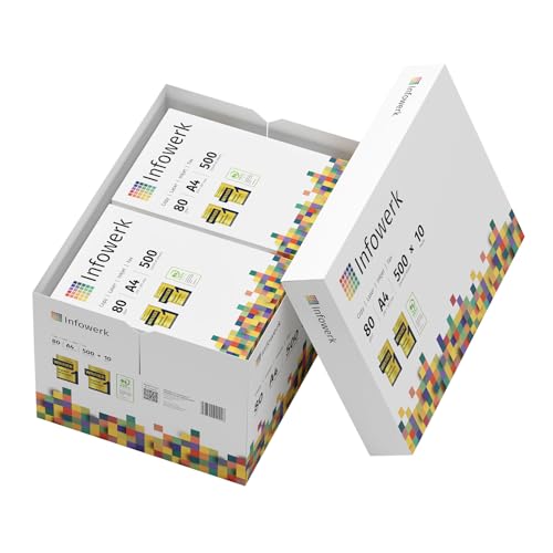 Infowerk Druckerpapier Kopierpapier 5000 Blatt 10 x 500 A4 80g Premium Hochweiß CIE 160 Testsieger PEFC Umweltzertifikat von Infowerk