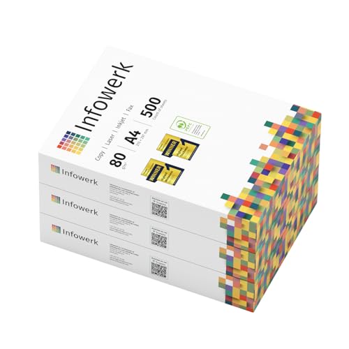 Infowerk Druckerpapier Kopierpapier 1500 Blatt 3 x 500 A4 80g Premium Hochweiß CIE 160 Testsieger PEFC Umweltzertifikat von Infowerk