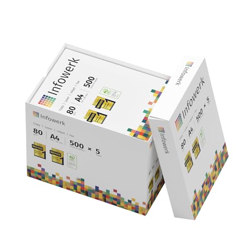 Infowerk Druckerpapier Kopierpapier 2500 Blatt 5 x 500 A4 80g Premium Hochweiß CIE 160 Testsieger PEFC Umweltzertifikat von Infowerk