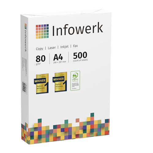 Infowerk Druckerpapier Kopierpapier 500 Blatt 1 x 500 A4 80g Premium Hochweiß CIE 160 Testsieger PEFC Umweltzertifikat von Infowerk