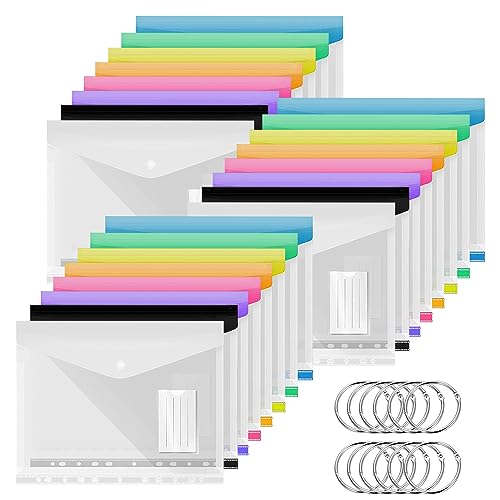 Infreecs Dokumententasche A4 24 Stück – 8 Farben Dokumentenmappe mit 11 Lochrand und Etikettentasche, Transparente Sammelmappen A4 zum Dokumente Organisieren, Hält 270 Papiere von Infreecs
