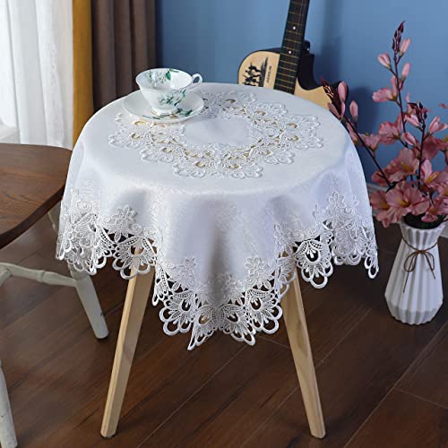 Inmerget Kleine quadratische weiße Tischdecke mit Spitzen-Ende Tischabdeckung für Hochzeit Party Zuhause Küche Wohnzimmer Dekoration 85 x 85 cm von Inmerget