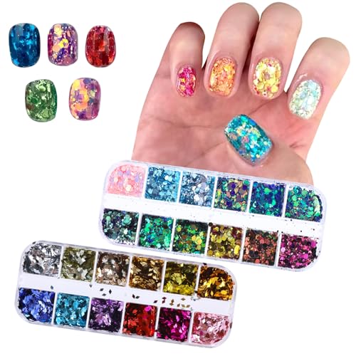 2 Boxen Nagel Pailletten Holographische Blattgold Nailart Glitter Goldfolie Bunte Flocken Sequins für Nägel Deko - 12 Farben 2 Boxen Nagel Pailletten Holographische Blattgold Nailart Glitter Goldfolie Bunte Flocken Sequins für Nägel Deko - 12 Farben von InnoHHustle
