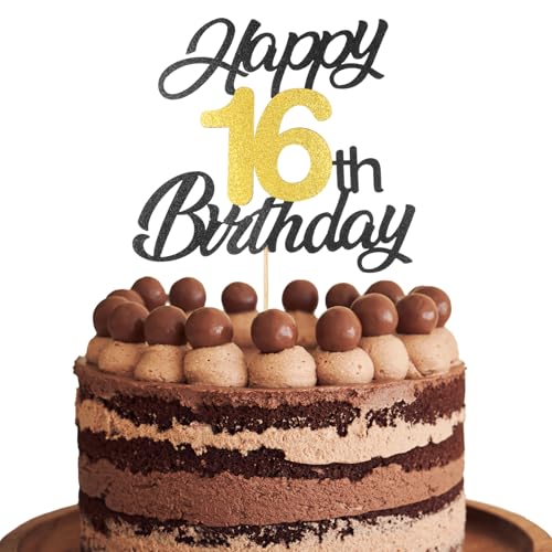 Kuchendekoration zum 16. Geburtstag, für Jungen, "Happy 16th Birthday", Tortenaufsatz, Schwarz / Gold, Glitzer, Geburtstagskuchenpicker, Prost bis 16 Jahre, Kuchendekoration, Partyzubehör Kuchendekoration zum 16. Geburtstag, für Jungen, "Happy 16th Birthday", Tortenaufsatz, Schwarz / Gold, Glitzer, Geburtstagskuchenpicker, Prost bis 16 Jahre, Kuchendekoration, Partyzubehör von InnoHHustle