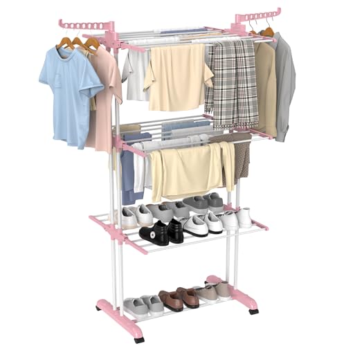 Innotic Wäscheständer mit Rollen Multifunktional 4 etagen Wäscheständer Turm Klappbar Wäscheständer Platzsparend Wäscheturm fur Innen und draußen (pink weiß) von Innotic
