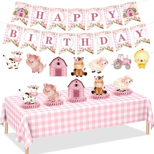 Geburtstagsparty-Dekorationen für Mädchen, Bauernhoftiere, Rosa, Bauernhaus, Barnyf, Happy Birthday, Banner, Tischdecke, Waben-Mittelstück für Babyparty, Geburtstagsparty von Innovoscape