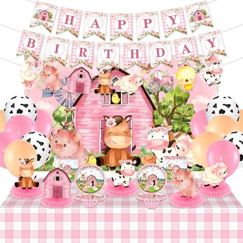 Rosa Bauernhof-Tier-Themen-Geburtstagsparty-Zubehör, Dekorationen, Geschirr-Set für Mädchen, Babyparty, Bauernhof, Tier, Happy Birthday, Banner, Hintergrund, Ballon, Tischdecke, Teller, Servietten von Innovoscape