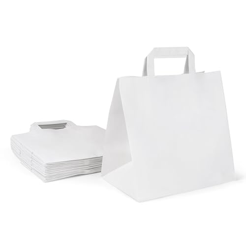 Inoverse 50 stk Papiertüten mit Henkel, Papiertragetaschen, 26+17x25 cm Geschenktüten, Weiß Kraftpapiertüte, Papiertaschen, Groß Einkaufstüten von Inoverse