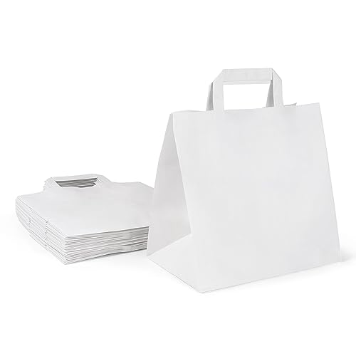 Inoverse Papiertragetaschen, Geschenktüten, Papiertüten mit Henkel, Kraftpapier Tüten, Papier Tragetasche, Papiertaschen, Papiertüten groß, Weiß, 26+17x25 cm, 250 Stück von Inoverse