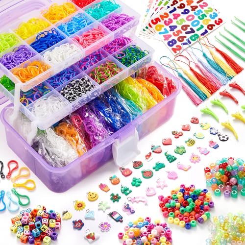 INSCRAFT 17490+ Gummi-Webstuhlbänder, 28 Farben, Armbandherstellung, Nachfüllset, mit 3-lagigem Behälter, 600 S-Clips, 352 Perlen, 40 Cartoon-Charms für Kinder von Inscraft