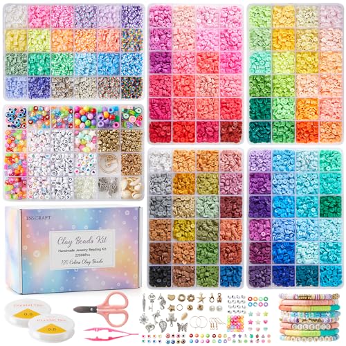 INSCRAFT 22000 Stück Clay Perlen Set für Armbänder, 120 Farben Flache Runde Heishi Perlen, 6mm Perlen für Armbänder mit Buchstabenperlen, DIY Kreativset Geschenk für Mädchen Teenager Kinder 6-12 Jahre von Inscraft
