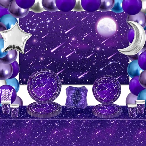 146 Stück Weltraum Galaxie Party Dekoration Star Party Zubehör Lila Outer Space Theme Party Zubehör Galaxie Party Geschirr Set-Teller Servietten Weltraum-Thema Backdrop Favors für 20 Gäste von Inspireyee