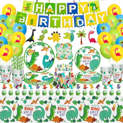 162 Pcs Dinosaurier Geburtstag Party Supplies Set Dinosaurier Thema Geschirr Set Dino Happy Birthday Banner Teller Tischdecken Tassen Servietten Dino T-Rex Party Dekoration Set Serves 20 von Inspireyee