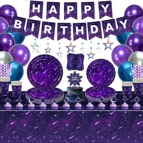 173 Stück Weltraum Galaxie Party Dekoration Star Party Zubehör Lila Outer Space Theme Party Supplies Galaxie Partygeschirr Set Pappteller Servietten Tischdecke Birthday Banner Geschenke für 20 Gäste von Inspireyee