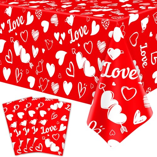 4 Pack Valentinstag Tischtuch Valentinstag Herz rot Tischdecken für Rechteck 51 x 86in wasserdicht PE Tischtuch für Valentinstag Partyzubehör, Hochzeitstag Geburtstag Dekoration von Inspireyee