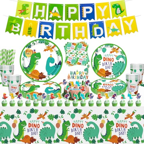 131 PCS Dinosaurier Geburtstagsparty Dekorationen für Jungen Dinosaurier Geschirr Set Dinosaurier Geburtstags Party Teller Set Dino Kuchenaufsätze Luftballons Dino-Tischdecke für 20 Personen von Inspireyee