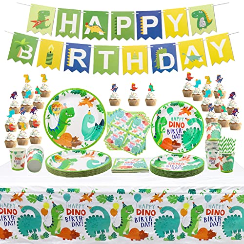 131 PCS Dinosaurier Geburtstagsparty Dekorationen für Jungen Dinosaurier Geschirr Set Dinosaurier Geburtstags Party Teller Set Dino Kuchenaufsätze Luftballons Dino-Tischdecke für 20 Personen von Inspireyee