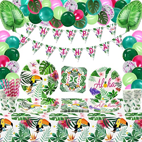 162 Stück hawaiianische Party-Dekorationen, tropische Palmen-Monstera-Blätter Banner, Tischdecken, Teller, Pappbecher für Sommer tropische Luau Geburtstagspartyzubehör, serviert 20 von Inspireyee