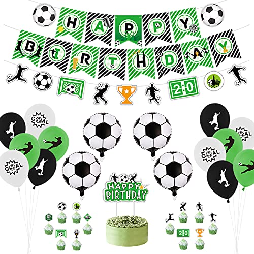 Zu den Dekorationen mit Fußballmotiven gehören Happy Birthday-Banner, Fußballfahnen, Ballonkuchendekorationen, Kindergeburtstage, die für 20 Gäste verfügbar sind (A) von Inspireyee