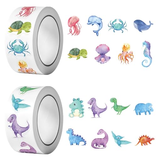 1000 Stück Runde Tier Aufkleber,Tier Belohnungsaufkleber,Animal Sticker Kinder, Tieraufkleber Runde,Animal Sticker Rolle,Meerestiere Stickers Rolle,Dinosaurier Aufkleber Rolle (B) von InteDesign