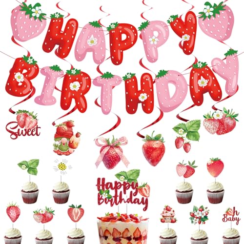 18-teiliges Set Erdbeer-Geburtstagsparty-Dekorationen für Mädchen, mit Bannern und Flaggen, Kuchenaufsätze, Erdbeer-Hängewirbel, Obstbonbons, Motto-Party-Dekoration für Frühling, Sommer, Geburtstag 18-teiliges Set Erdbeer-Geburtstagsparty-Dekorationen für Mädchen, mit Bannern und Flaggen, Kuchenaufsätze, Erdbeer-Hängewirbel, Obstbonbons, Motto-Party-Dekoration für Frühling, Sommer, Geburtstag von InteDesign