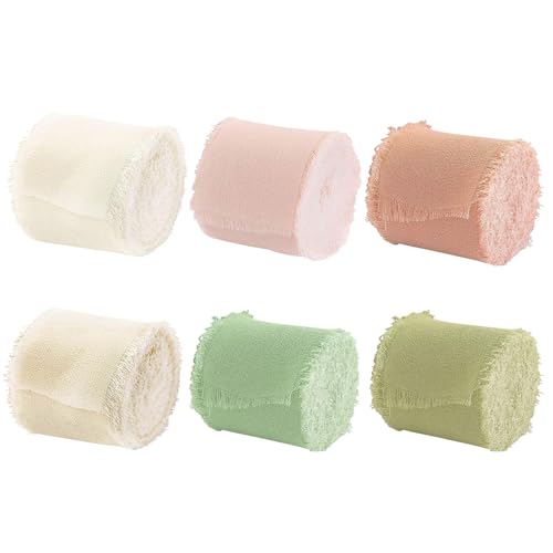 Chiffonband mit Fransenrand, 4,1 cm x 5,5 m, grünes Chiffon-Seidenband für Geschenkverpackungen, Hochzeitseinladungen, Brautblumensträuße, Babyparty, Bastelarbeiten, 6 Rollen (Stil 1) von InteDesign