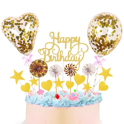 Tortendeko Rosegold, Kuchendeko Geburtstag Mädchen, Tortendeko Gold Deko, Happy Birthday Kuchendeko mit Konfetti Luftballons Papierfächer Sternen Liebe Cake Topper (Gold) von InteDesign