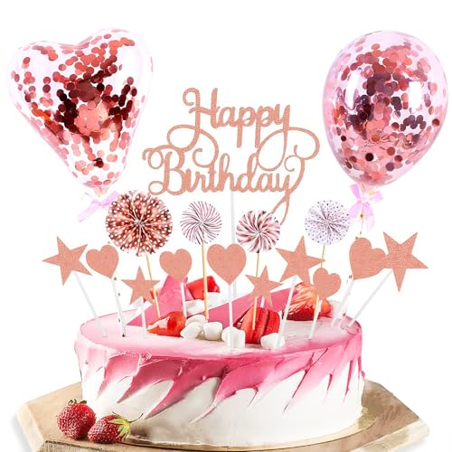 Tortendeko Rosegold, Kuchendeko Geburtstag Mädchen, Tortendeko Gold Deko, Happy Birthday Kuchendeko mit Konfetti Luftballons Papierfächer Sternen Liebe Cake Topper (Roségold) von InteDesign