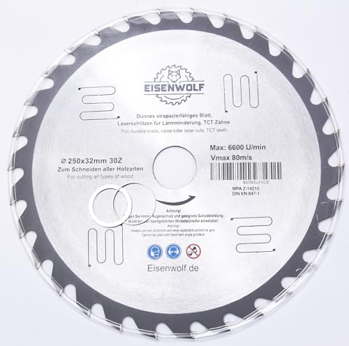 Inter-Craft 250mm Sägeblatt Top Qualität Kreissägeblatt für Holz 250 x 32-30mm x 30Z von Inter-Craft