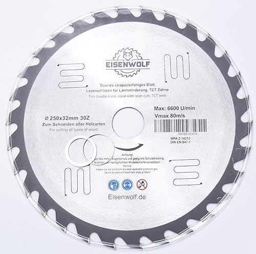 250x32 mm Sägeblatt, Kreissägeblatt für Holz mit 30 gekippten TCT-Zähnen und Laser-Cuts für Lärmminderung von Inter-Craft