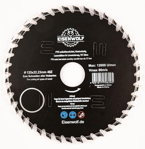 Eisenwolf 125x22,23 mm Sägeblatt, Kreissägeblatt für Holz mit 40 gekippten TCT-Zähnen, PTFE Antihaftbeschichtung und Laser-Cuts für Lärmminderung von Inter Vis