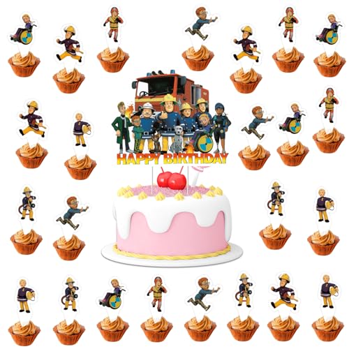 Feuerwehrmann Sam Cake Topper, 25 Stück Feuerwehr Geburtstag Deko, Kindergeburtstag Kuchen Deko, Feuerwehr Tortendeko, Cupcake Deko für Kinder Party, Geburtstagsfeier Cupcake Toppers von Invasye