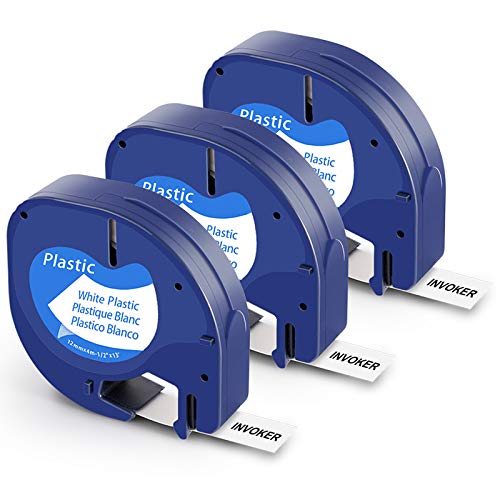 3 x Kompatibel mit Dymo LetraTag XR Schriftband 91221 White Plastic 12mm x 4m Bänder für Dymo Letratag LT-100H LT-100T XR 200B, Kompatibel mit Dymo Etikettenband Schwarz auf Weiß S0721660 von Invoker