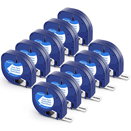 10 x Kompatibel mit Dymo LetraTag XR Schriftband 91221 White Plastic 12mm x 4m Bänder für Dymo Letratag LT-100H LT-100T XR 200B, Kompatibel mit Dymo Etikettenband Schwarz auf Weiß S0721660 von Invoker