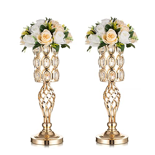 Inweder Gold Vasen für Hochzeit Tafelaufsätze - 2 Stück Hohe Vasen für Tischaufsätze mit Schmucksteinen 50cm Hoch Metall Blumenständer für Hochzeiten Geburtstage Veranstaltungen Heimdekoration von Inweder