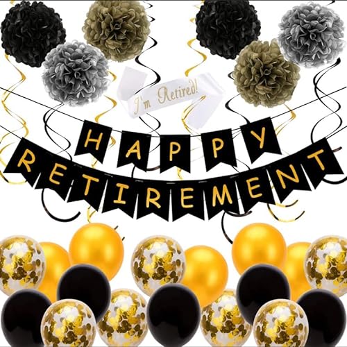 Partydekorationen für den Ruhestand, Schwarz / Gold für Männer, Ruhestand, Partyzubehör mit Happy Retirement Banner, Latex-Luftballons, Schärpe, Papier-Pompoms und hängende Wirbel von Ipalmay