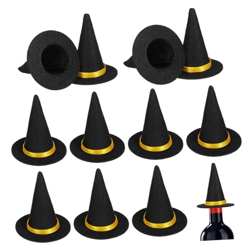 Ipetboom 12 Stück Teiliges Halloween Mini Hexenhüte aus Filz Dekorative Flaschenhüte für Weinflaschen Klassische Schwarze Party Deko für Halloween Feiern und DIY Bastelarbeiten von Ipetboom