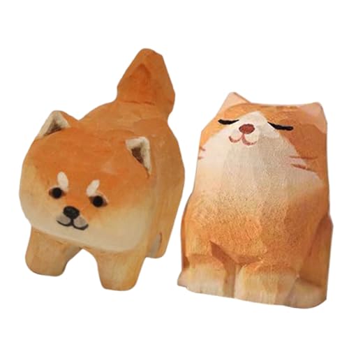 Ipetboom 2 Stück Holzfigur Handgeschnitzte Kleine Katze und Shiba Inu Dekorative Tierornamente Langlebig für Schreibtisch Wohnzimmer für Katzenliebhaber und Haustierbesitzer von Ipetboom