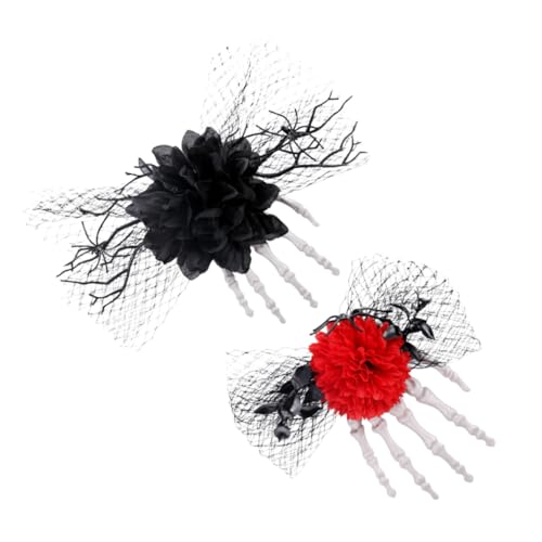 Ipetboom 2 Stück Teiliges Halloween Haarschmuck Leichte Skeletthand Haarspangen mit Stoffrose und Schleife Gruselige Blumendekoration für Damen Bequeme Mesh Seitenspange für Halloween von Ipetboom
