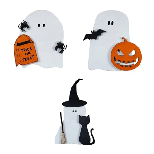 Ipetboom 3 Stück Teiliges Halloween Holzschild Weiße Tischdekoration Langlebige Halloween Ornamente Kompakt für Tisch und Partydekoration Stimmungsvolle Festdeko von Ipetboom