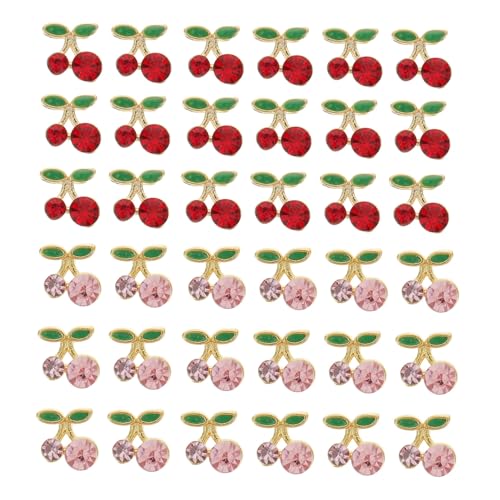 Ipetboom 36 Stück Teiliges Kirschen Nagel Schmuck mit Roten und Pinken Strasssteinen Nageldekorationen für Damen DIY Nageldesign Geeignet für Natürliche und Künstliche Nägel Elegant und von Ipetboom