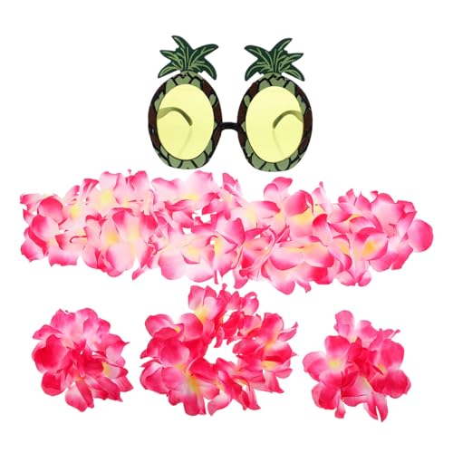 Ipetboom Hawaii Party Teilig mit Großem Blumenkranz Hawaiianischem Blumenhalsband Ananas Sonnenbrille und Stirnband Buntes Zubehör für Strandparty und Luau Events von Ipetboom