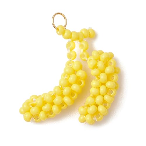 Ipotkitt 10 Stück gelbe Glasperlen mit Doppel-Bananen-Samen-Anhänger mit Edelstahl-Bindering, Obst- und Lebensmittelanhänger für selbstgemachte Schmuck, Armbänder, Halsketten, Ohrringe von Ipotkitt