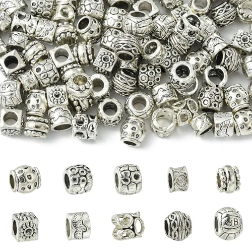 Ipotkitt 100 Stück 10 Stile, Antik-Silberlegierung, Röhren-Thema, europäische Perlen, tibetischer Stil, Spalte, runde Perlen mit großem Loch, für DIY-Schmuck, Armbänder, Halsketten, Ohrringe, Handwerk von Ipotkitt