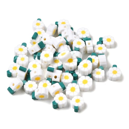 Ipotkitt 100 Stück weiße handgefertigte Polymer-Ton-Blumen-Perlen mit Gänseblümchen, Abstandshalter für DIY-Schmuck, Armbänder, Halsketten, Ohrringe, Schlüsselanhänger, Geldbörsen, Handwerk von Ipotkitt