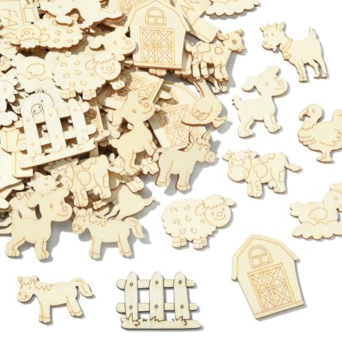 Ipotkitt 100 Stück zufällige unlackierte Bauernhof-Themen-Holzausschnitte Tier-Schaf Kuh Hund Pferd Haus Form Holzstücke für DIY Kunst Handwerk Malerei Geburtstag Party Garten Dekor Supplies von Ipotkitt